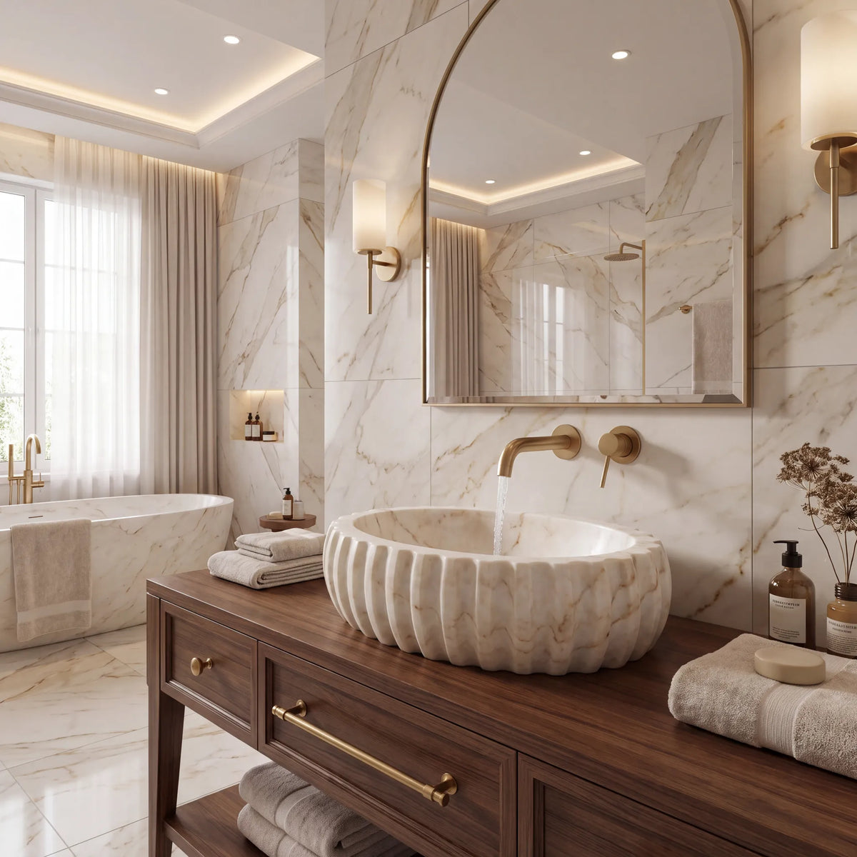 RMD-030 Aurevienne oval Calacatta Gold marble vessel sink styled on an elegant bathroom vanity