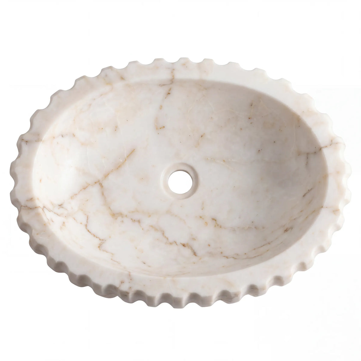 Detailed view of RMD-030 Aurevienne Calacatta Gold marble vessel sink showing elegant golden veining