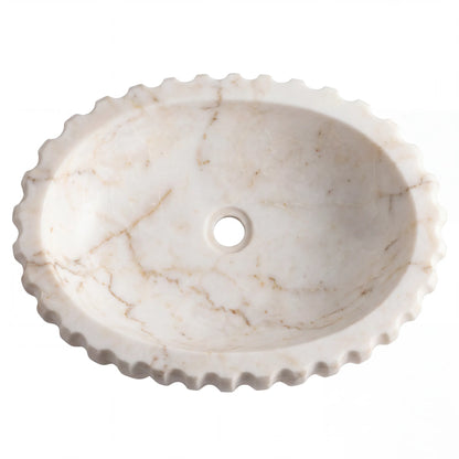 Detailed view of RMD-030 Aurevienne Calacatta Gold marble vessel sink showing elegant golden veining