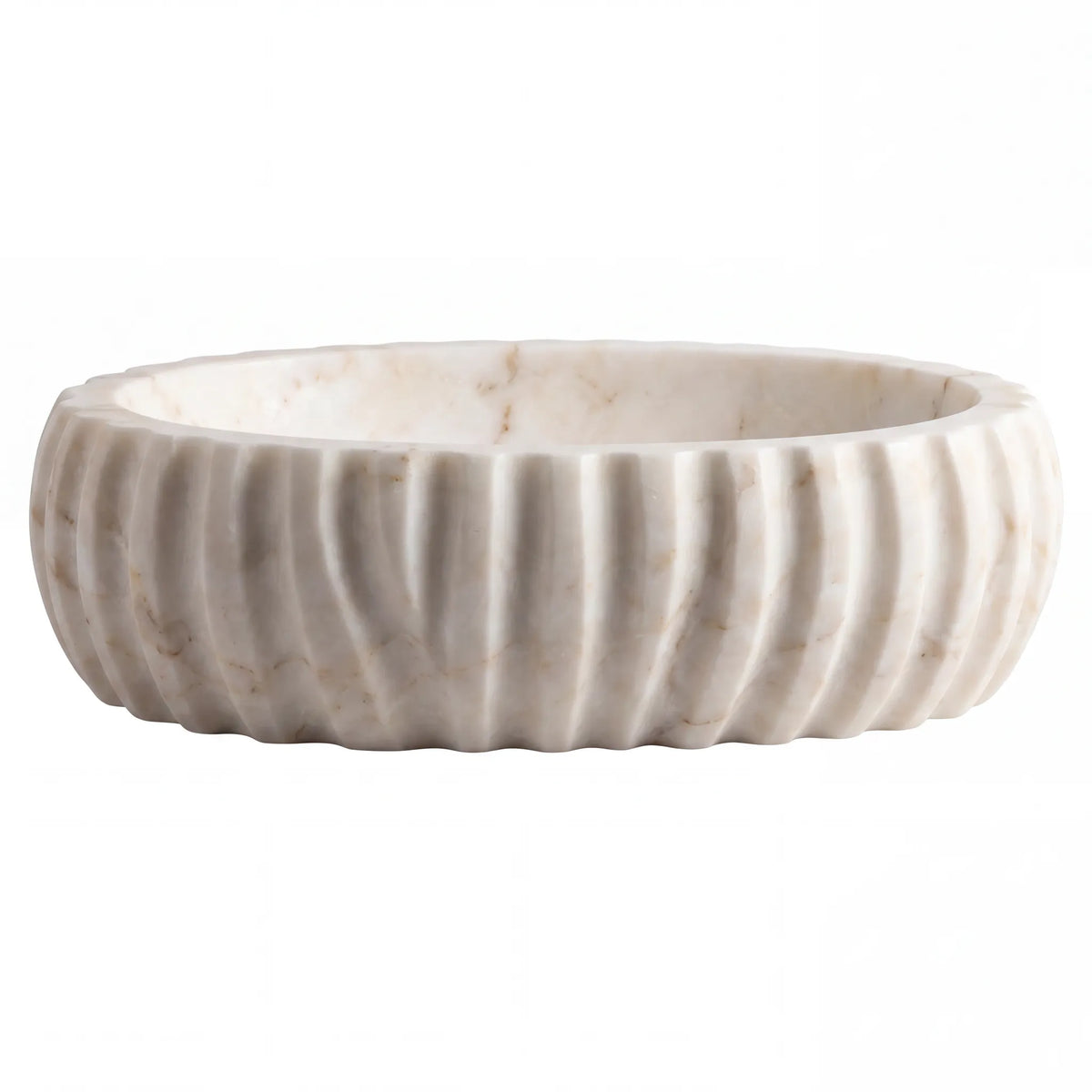 Front view of RMD-030 Aurevienne oval Calacatta Gold marble vessel sink with polished finish