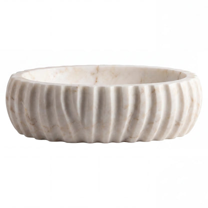 Front view of RMD-030 Aurevienne oval Calacatta Gold marble vessel sink with polished finish