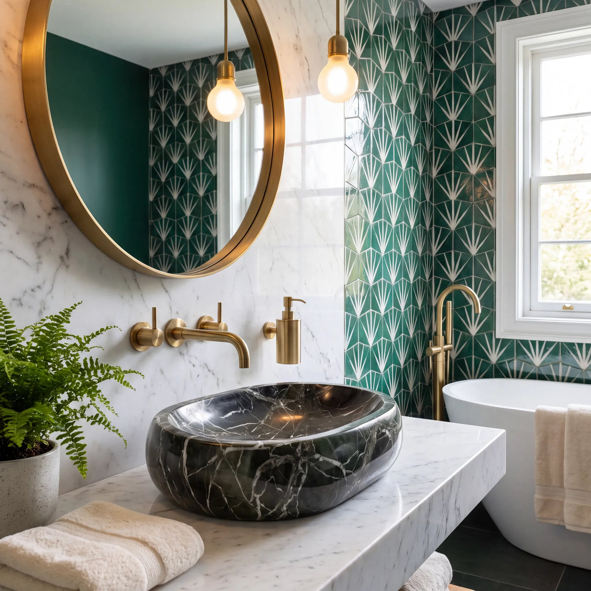 RMD-031 Verdalia round green marble vessel sink styled on an elegant bathroom vanity