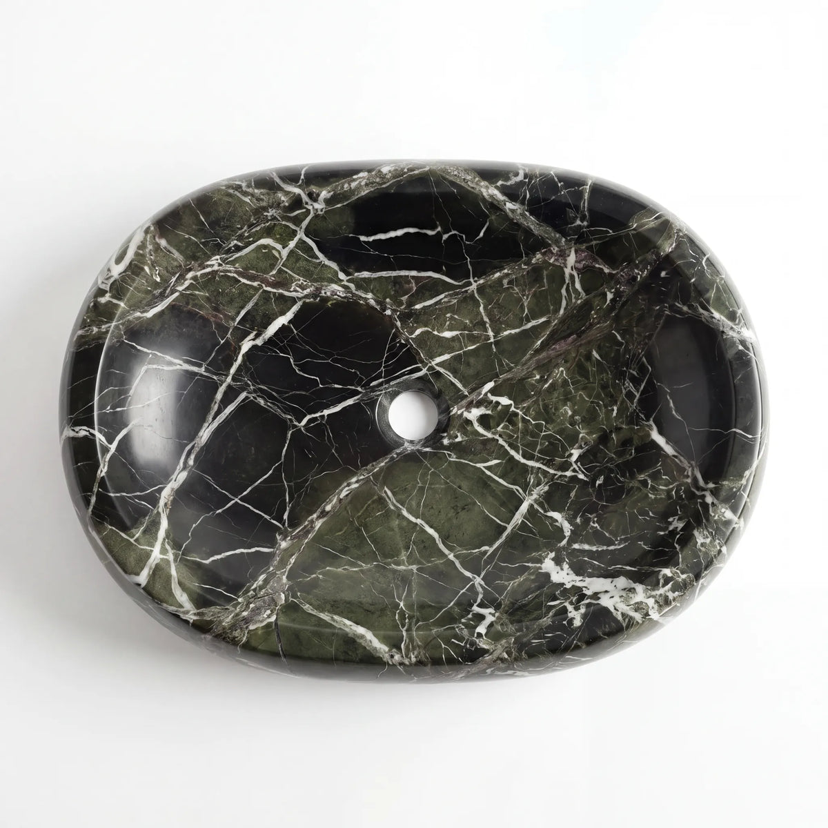 Detailed view of RMD-031 Verdalia green marble vessel sink showing distinctive natural veining