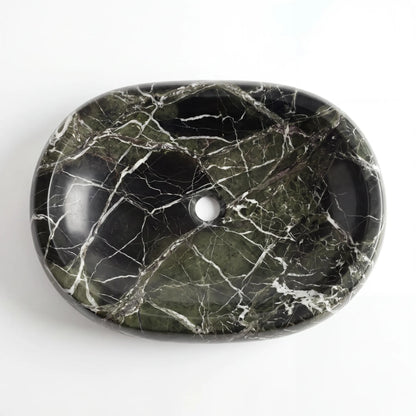 Detailed view of RMD-031 Verdalia green marble vessel sink showing distinctive natural veining