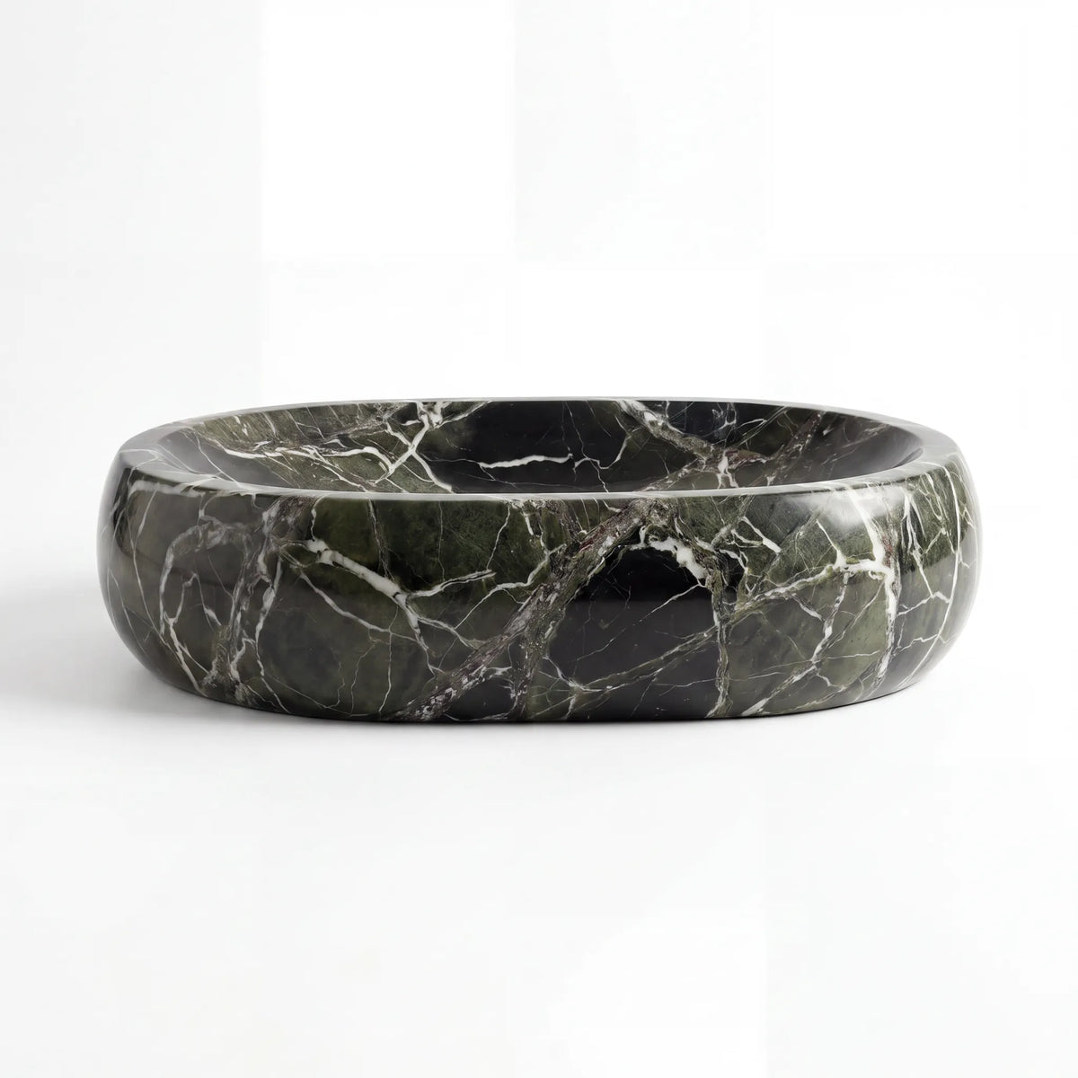 Front view of RMD-031 Verdalia round green marble vessel sink with polished finish