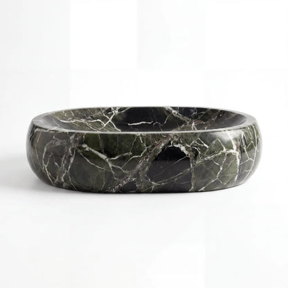 Front view of RMD-031 Verdalia round green marble vessel sink with polished finish