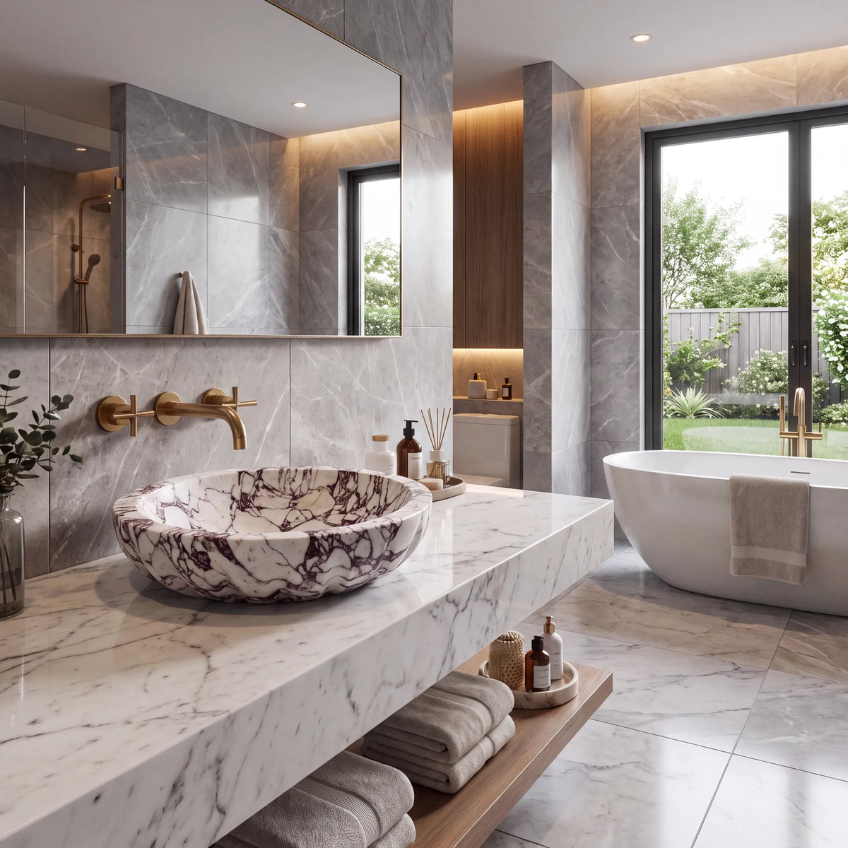 RMD-032 Viorelle round Calacatta Viola marble vessel sink styled on an elegant bathroom vanity
