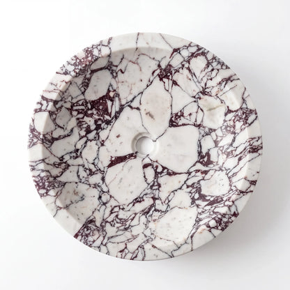 Detailed view of RMD-032 Viorelle Calacatta Viola marble vessel sink showing dramatic natural veining