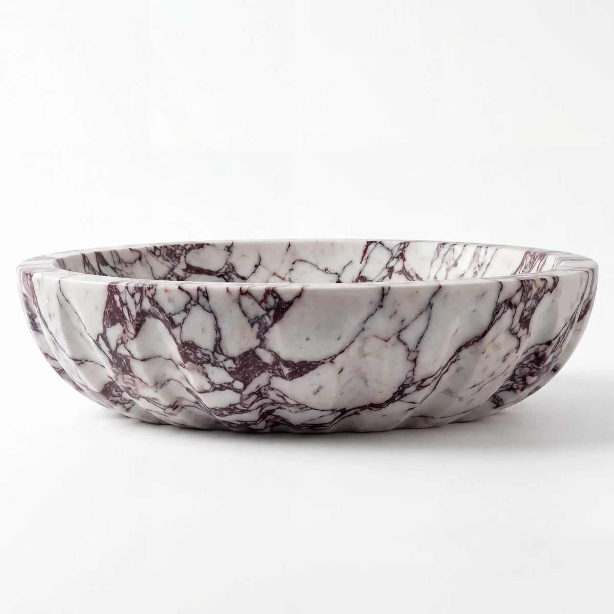 Front view of RMD-032 Viorelle round Calacatta Viola marble vessel sink with polished finish