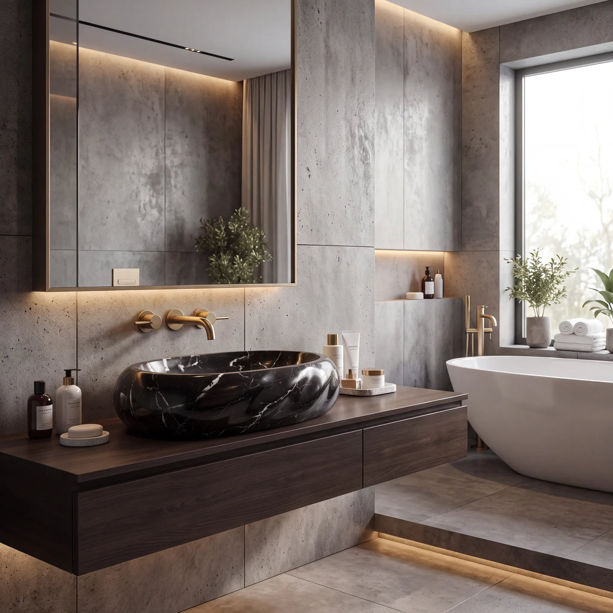RMD-033 Nerovara round Nero Marquina marble vessel sink styled on an elegant bathroom vanity