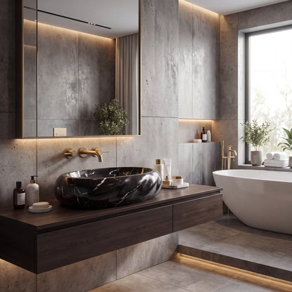 RMD-033 Nerovara round Nero Marquina marble vessel sink styled on an elegant bathroom vanity
