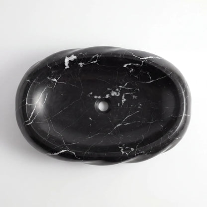Detailed view of RMD-033 Nerovara Nero Marquina marble vessel sink showing distinctive white veining