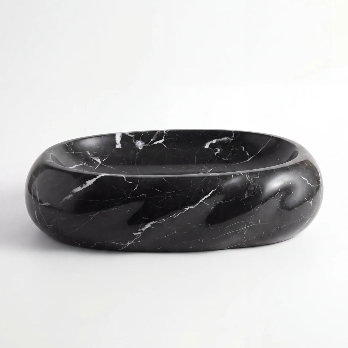 Front view of RMD-033 Nerovara round Nero Marquina marble vessel sink with polished finish
