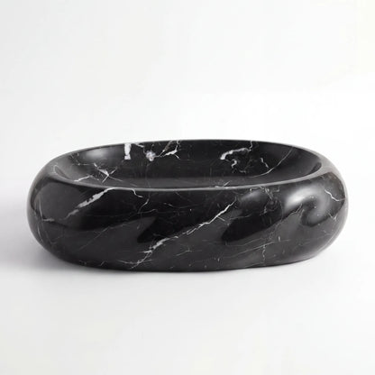 Front view of RMD-033 Nerovara round Nero Marquina marble vessel sink with polished finish