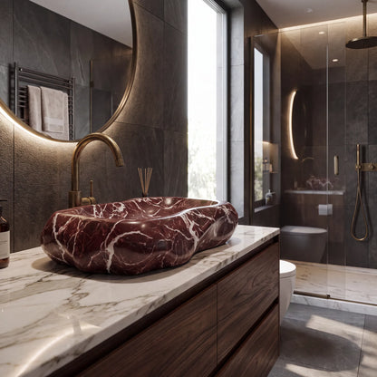 RMD-034 Rossavora round Rosso Levanto marble vessel sink styled on an elegant bathroom vanity
