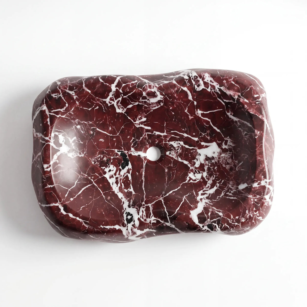 Detailed view of RMD-034 Rossavora Rosso Levanto marble vessel sink showing rich natural veining