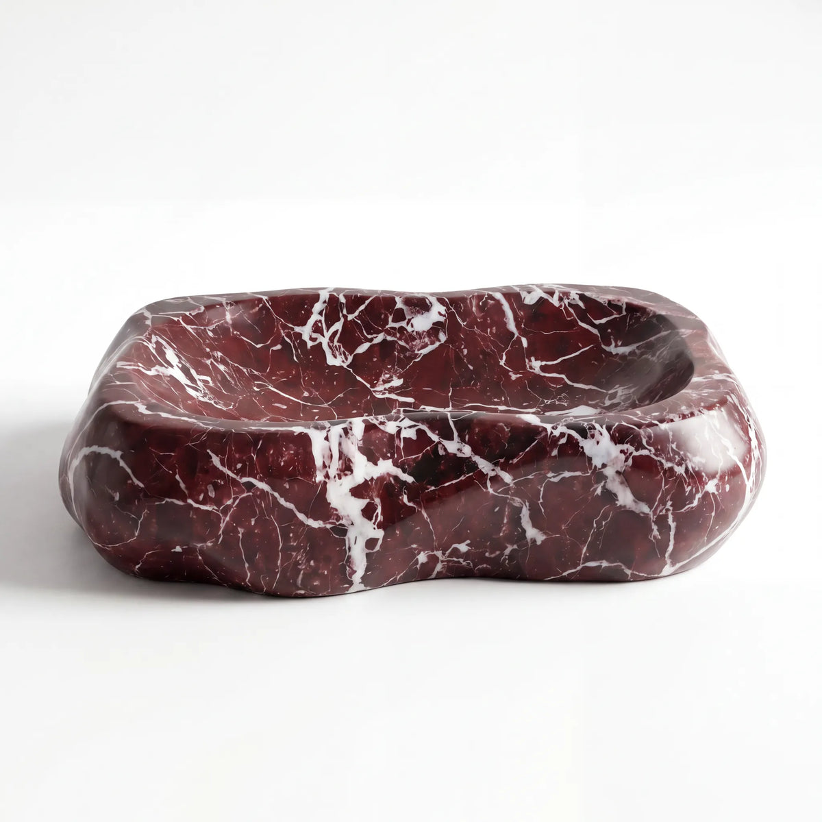 Front view of RMD-034 Rossavora round Rosso Levanto marble vessel sink with polished finish