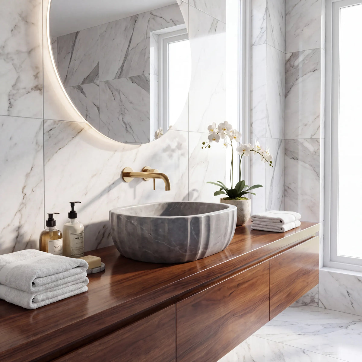 RMD-035 Grivienne oval grey marble vessel sink styled on an elegant bathroom vanity