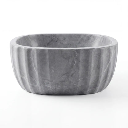 Front view of RMD-035 Grivienne oval grey marble vessel sink with polished finish