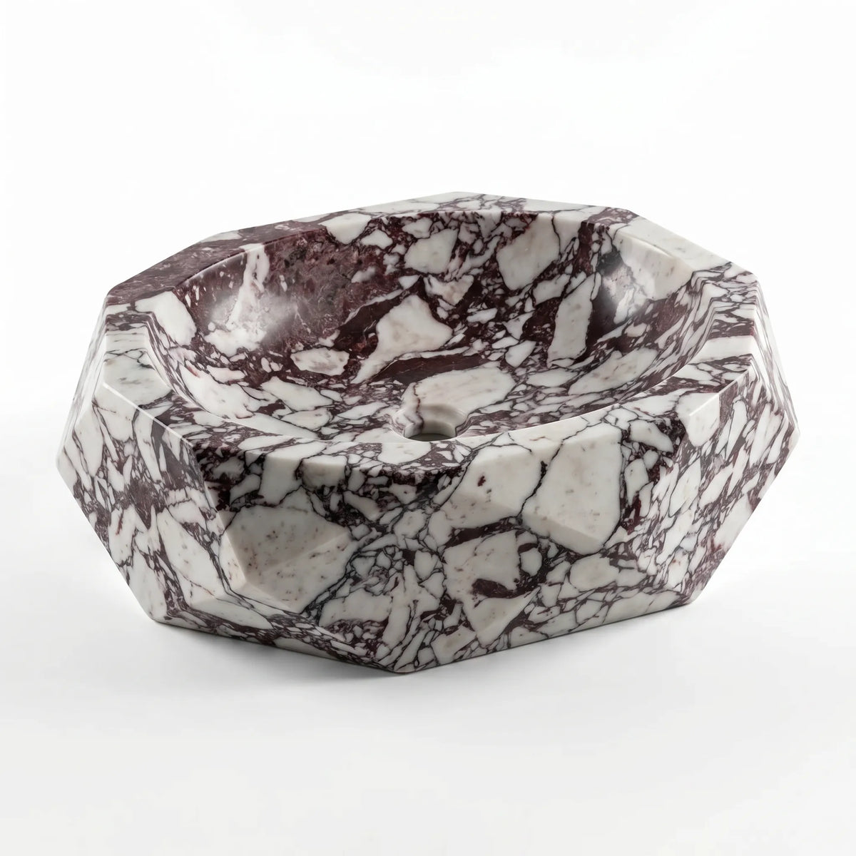 Detailed view of RMD-037 Violavere Calacatta Viola marble vessel sink showing dramatic natural veining