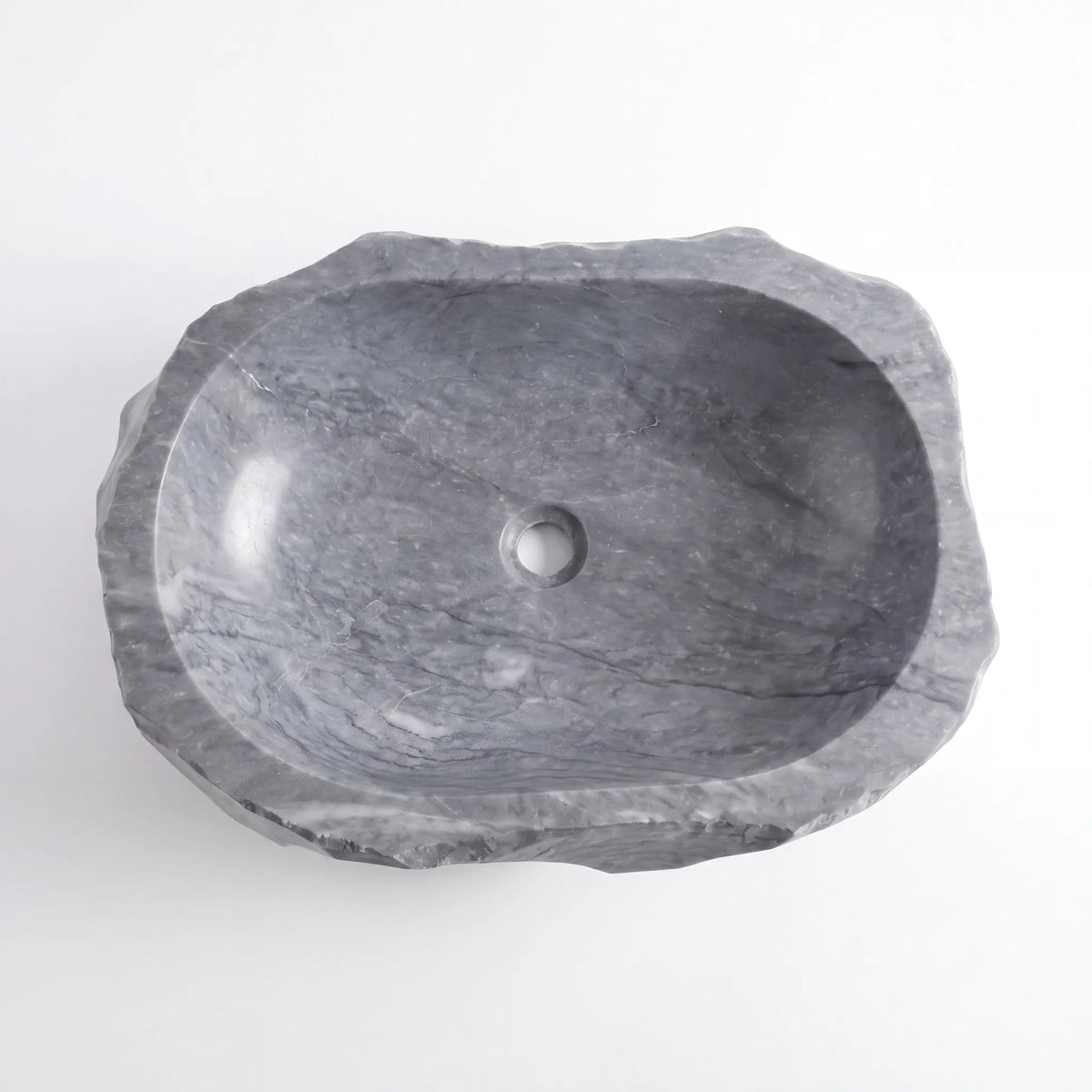 Detailed view of RMD-038 Grivora grey marble vessel sink showing distinctive natural veining