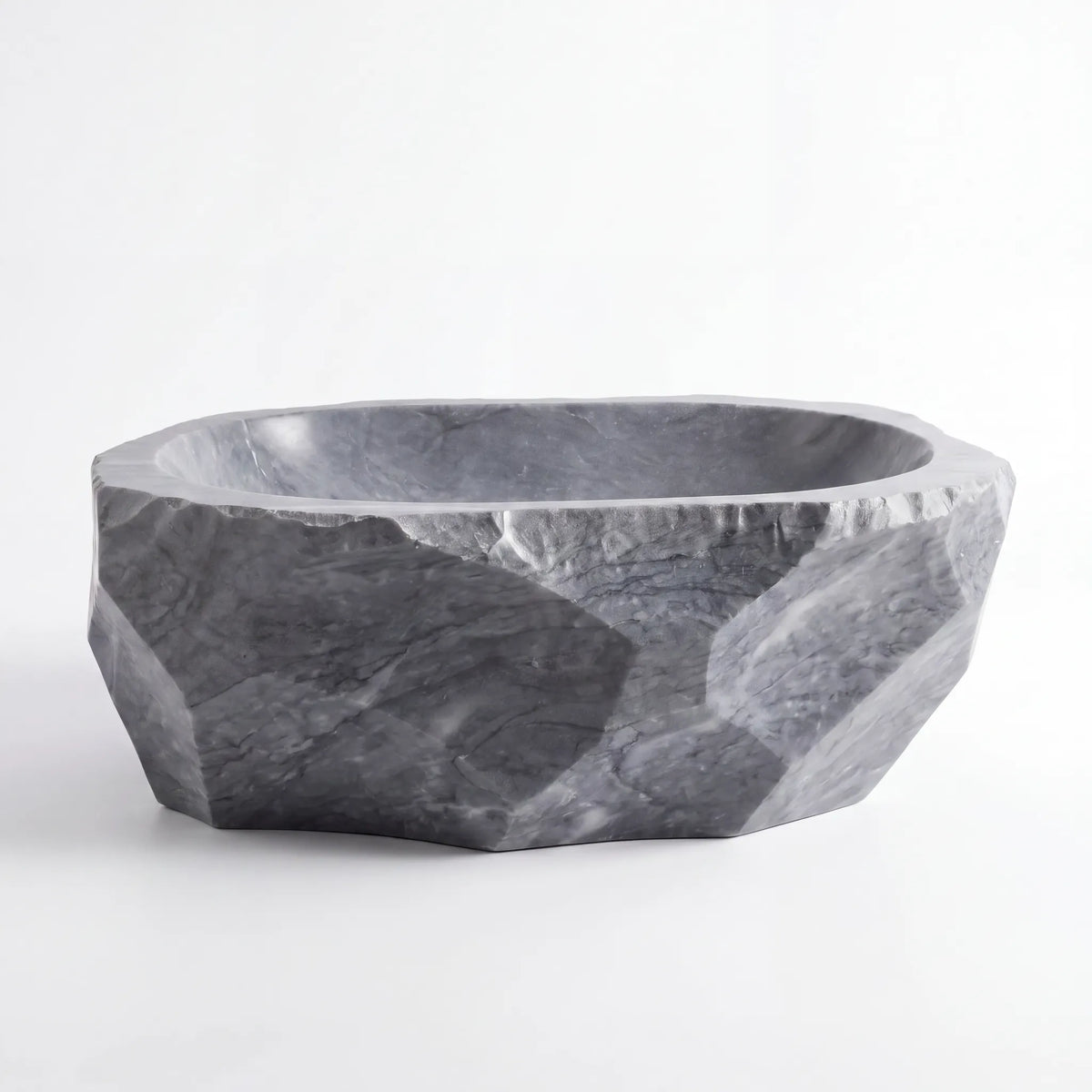 Front view of RMD-038 Grivora round grey marble vessel sink with polished finish