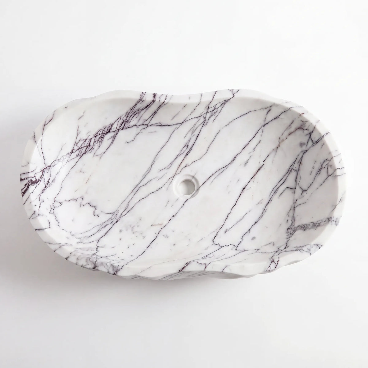 Detailed view of RMD-039 Lilavora Lilac marble vessel sink showing distinctive natural veining