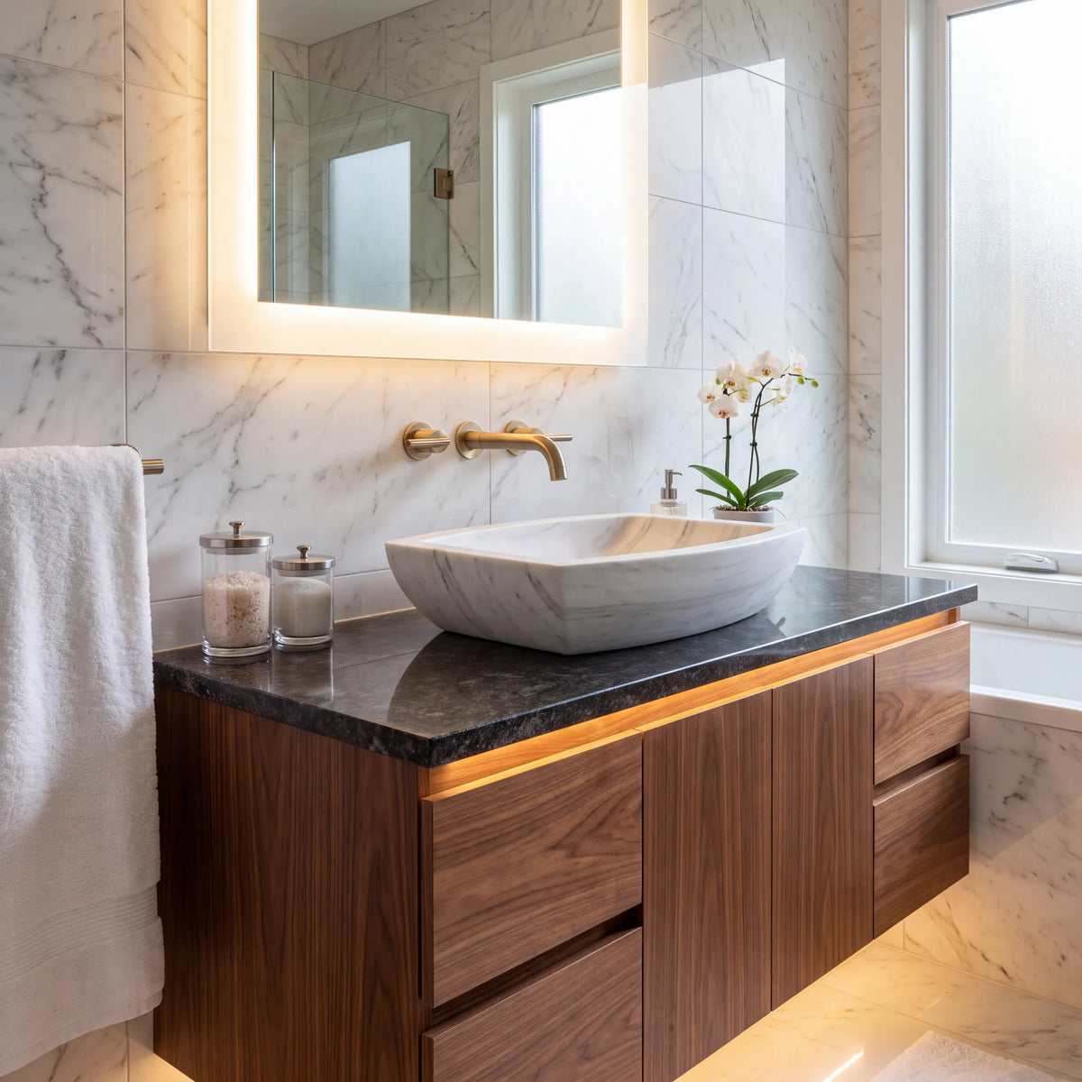 RMD-042 Lilavelle round Lilac marble vessel sink styled on an elegant bathroom vanity