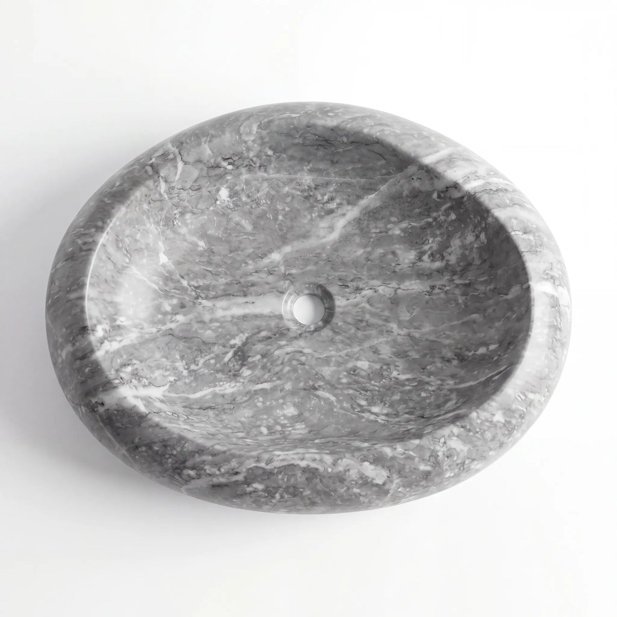 Detailed view of RMD-044 Grivessa grey marble vessel sink showing distinctive natural veining