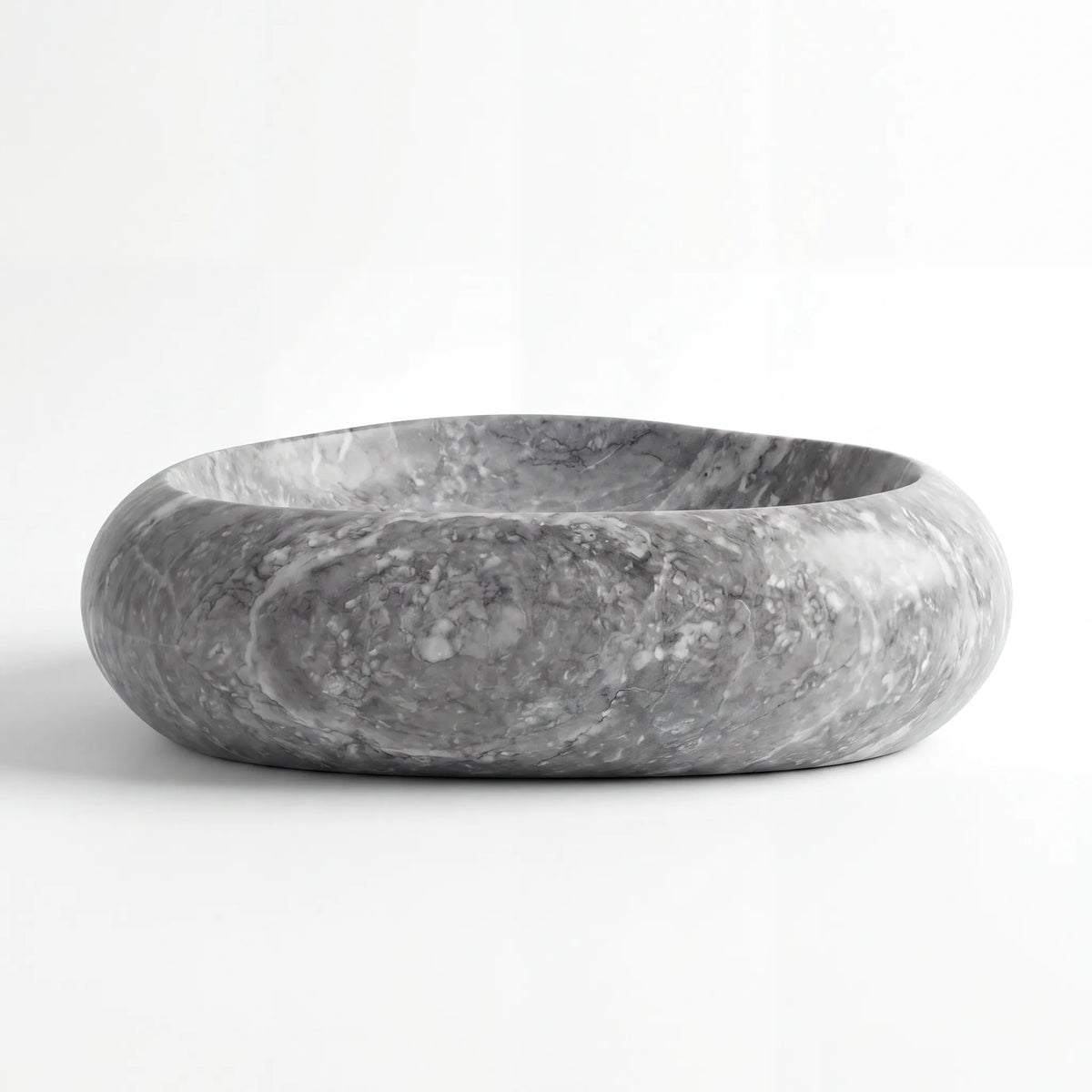 Front view of RMD-044 Grivessa round grey marble vessel sink with polished finish