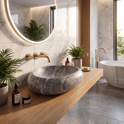 RMD-044 Round Grey Marble Vessel Sink Basin