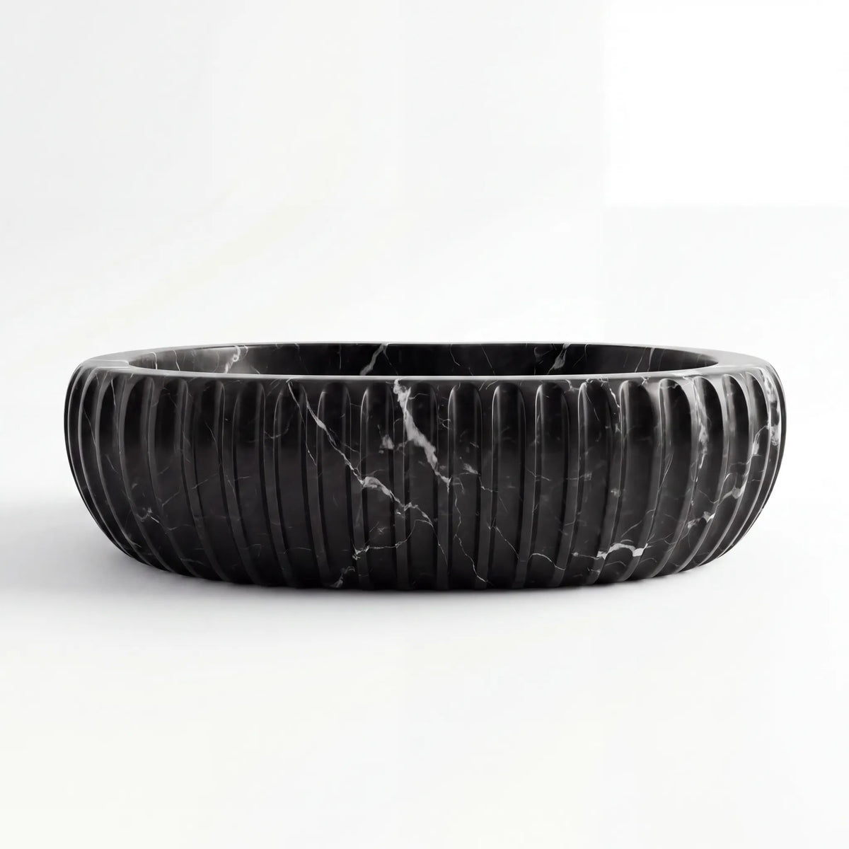 Front view of RMD-047 Nerovelle round Nero Marquina marble vessel sink with polished finish