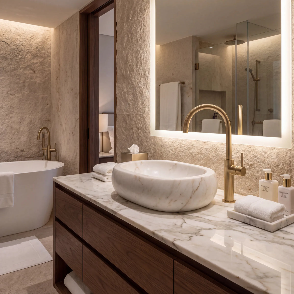 RMD-048 Cremavere rectangular cream and beige marble vessel sink styled on an elegant bathroom vanity
