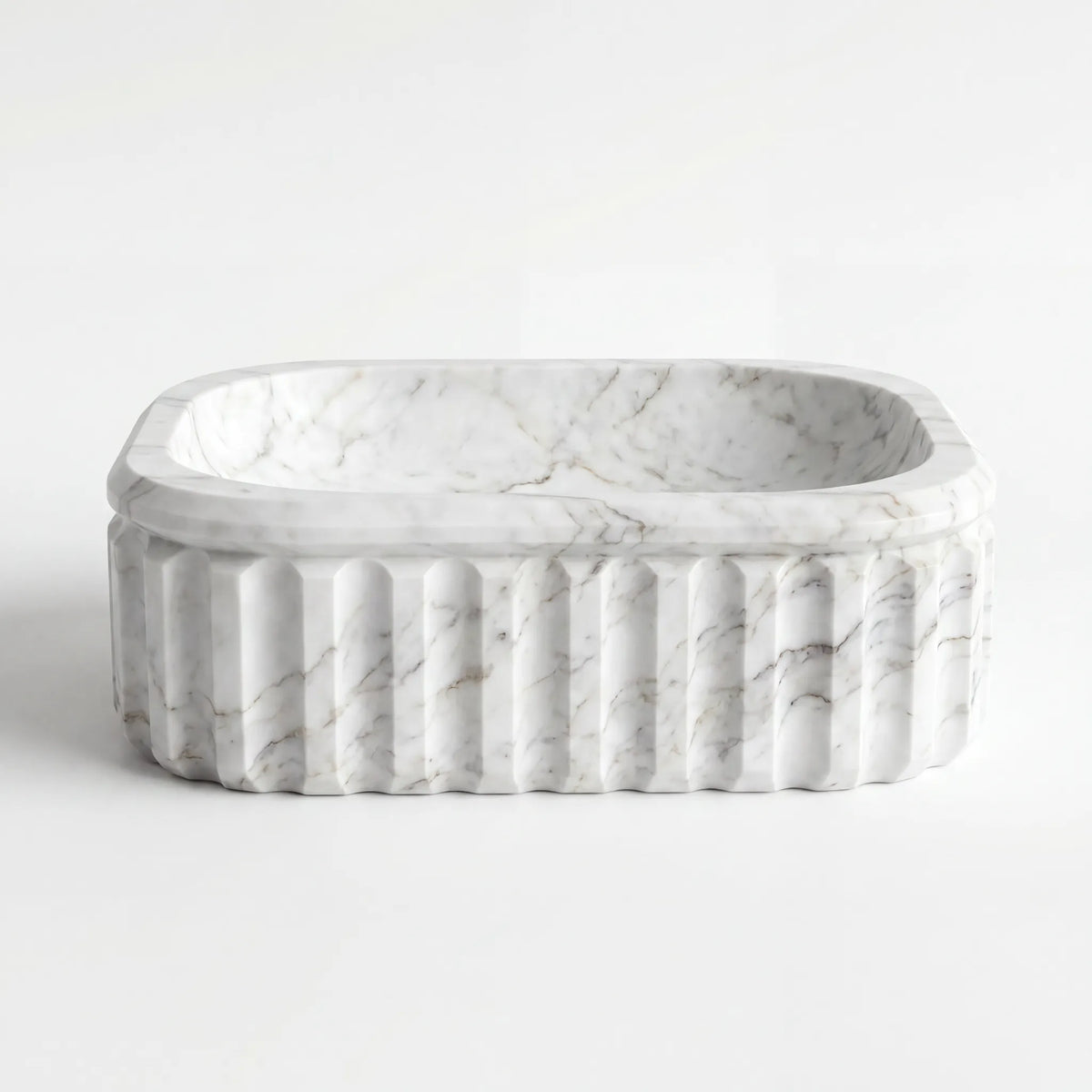 Front view of RMD-050 Carravienne round Carrara white marble vessel sink with polished finish