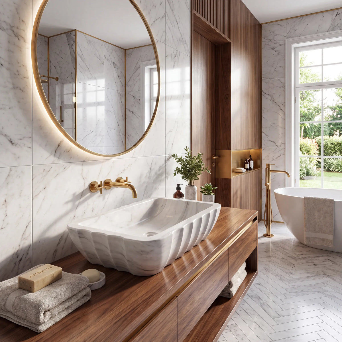 RMD-054 Carravora round Carrara white marble vessel sink styled on an elegant bathroom vanity