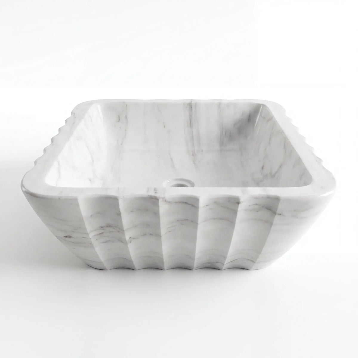 Front view of RMD-054 Carravora round Carrara white marble vessel sink with polished finish