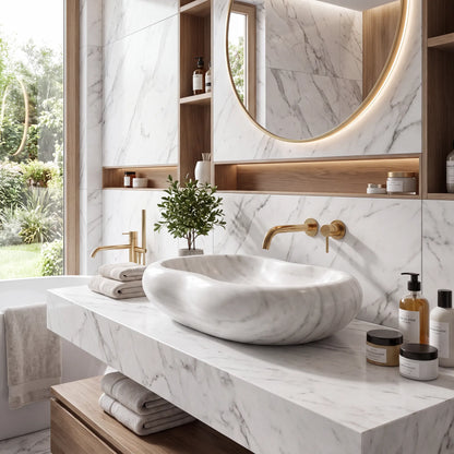 RMD-056  Round  Carrara White Vessel Sink Basin