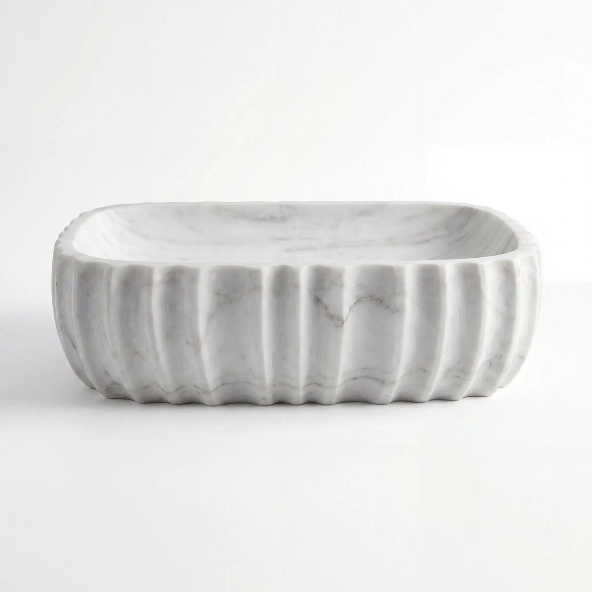Front view of RMD-057 Carranova round Carrara white marble vessel sink with polished finish