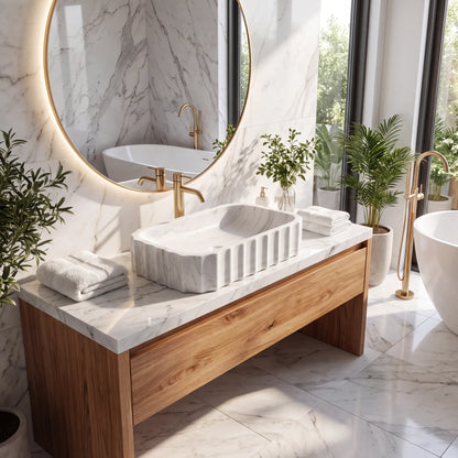 RMD-061 Rectangle Carrara White Vessel Sink Basin