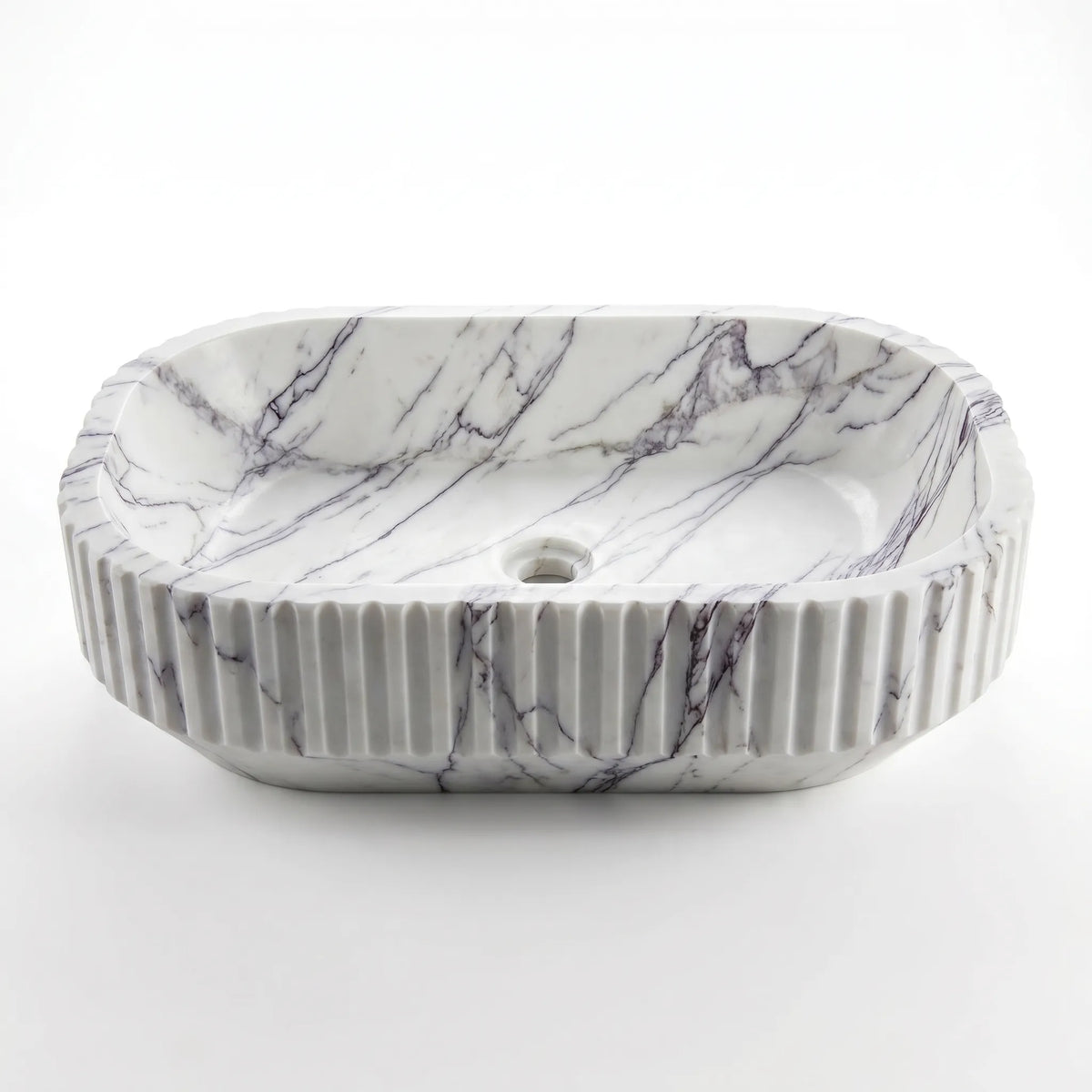 Detailed view of RMD-063 Lilavere Lilac marble vessel sink showing distinctive natural veining