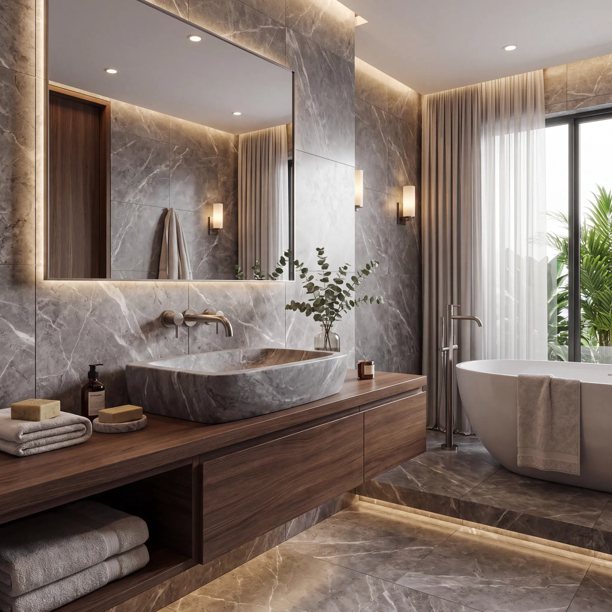 RMD-068 Grivara rectangular grey marble vessel sink styled on an elegant bathroom vanity