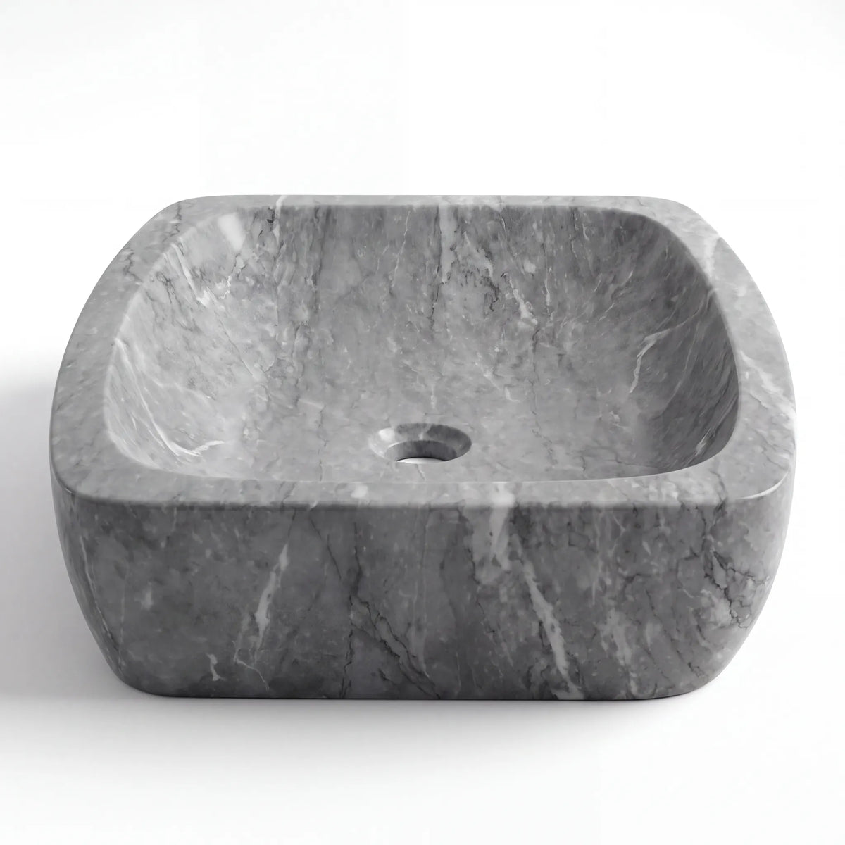 Front view of RMD-068 Grivara rectangular grey marble vessel sink with polished finish