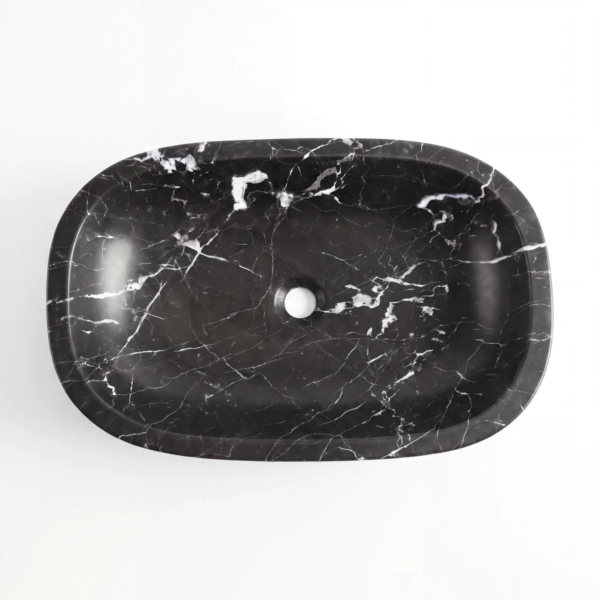 Detailed view of RMD-069 Nerovienne Nero Marquina marble vessel sink showing distinctive white veining