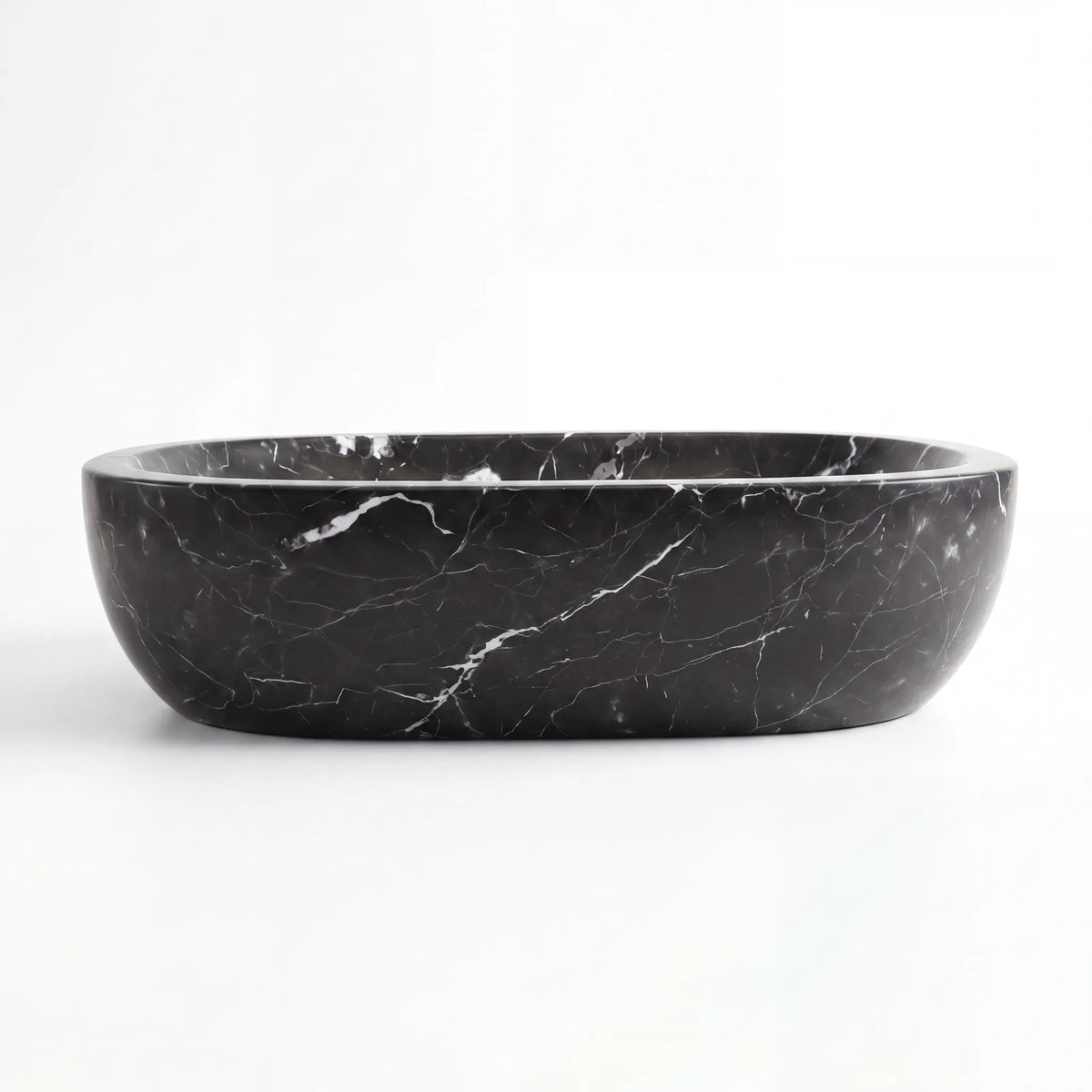 Front view of RMD-069 Nerovienne round Nero Marquina marble vessel sink with polished finish
