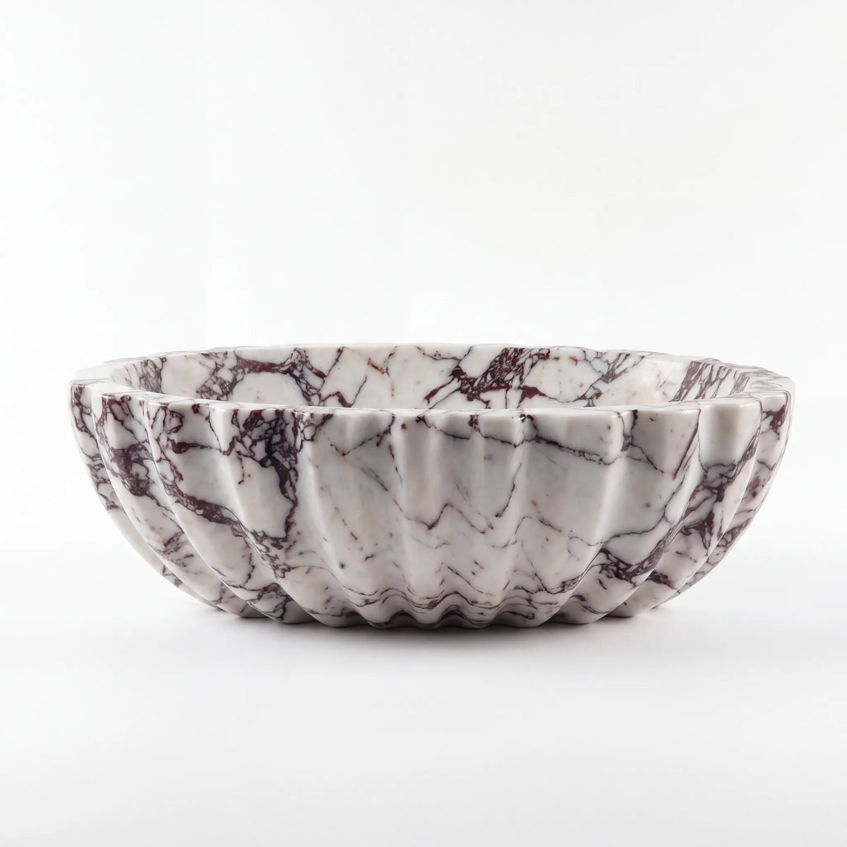 Front view of RMD-070 Violessa oval Calacatta Viola marble vessel sink with polished finish