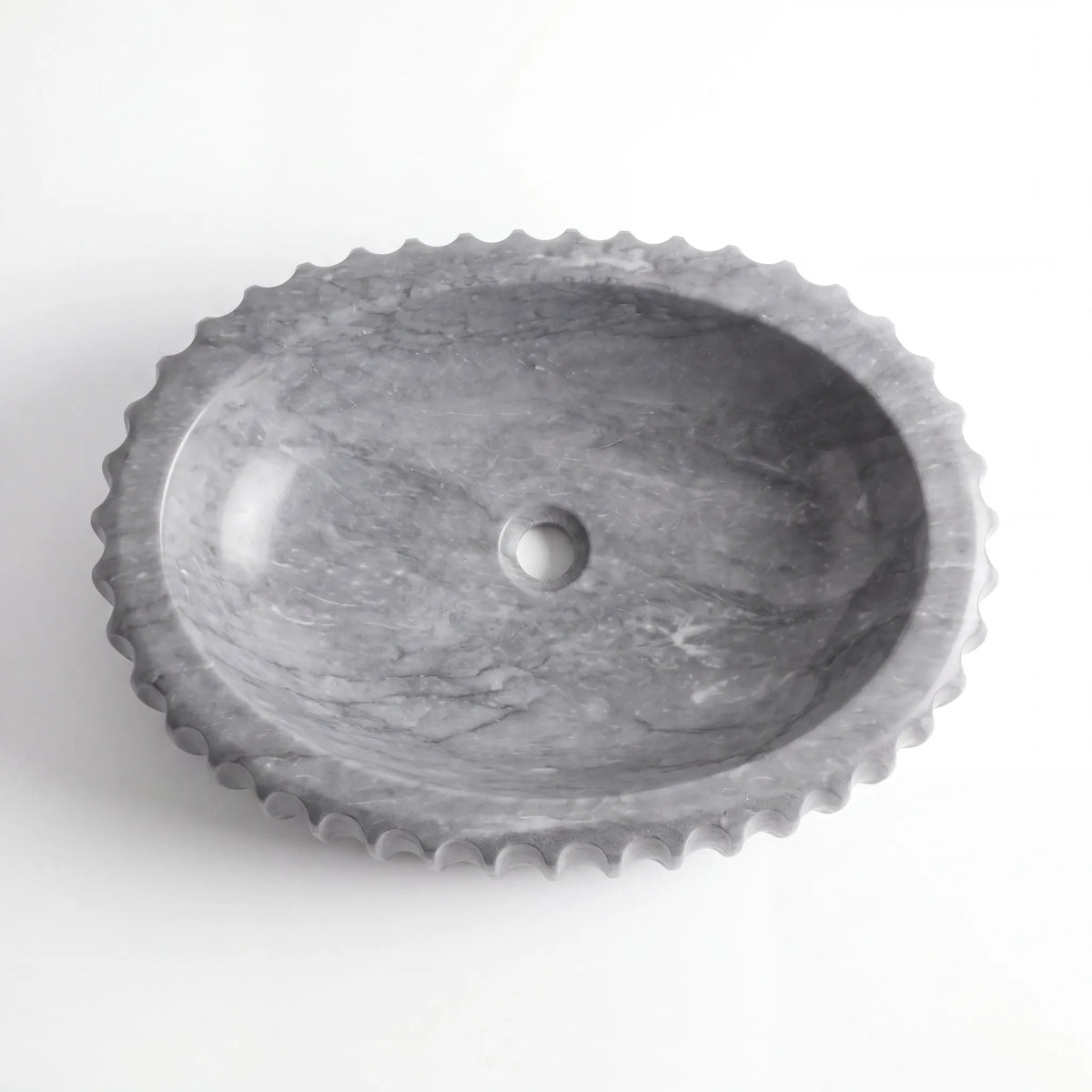Detailed view of RMD-072 Grivelle grey marble vessel sink showing distinctive natural veining