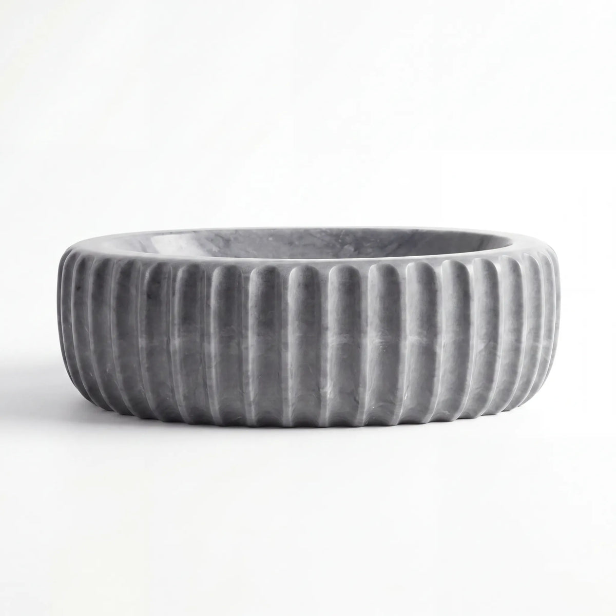 Front view of RMD-072 Grivelle round grey marble vessel sink with polished finish