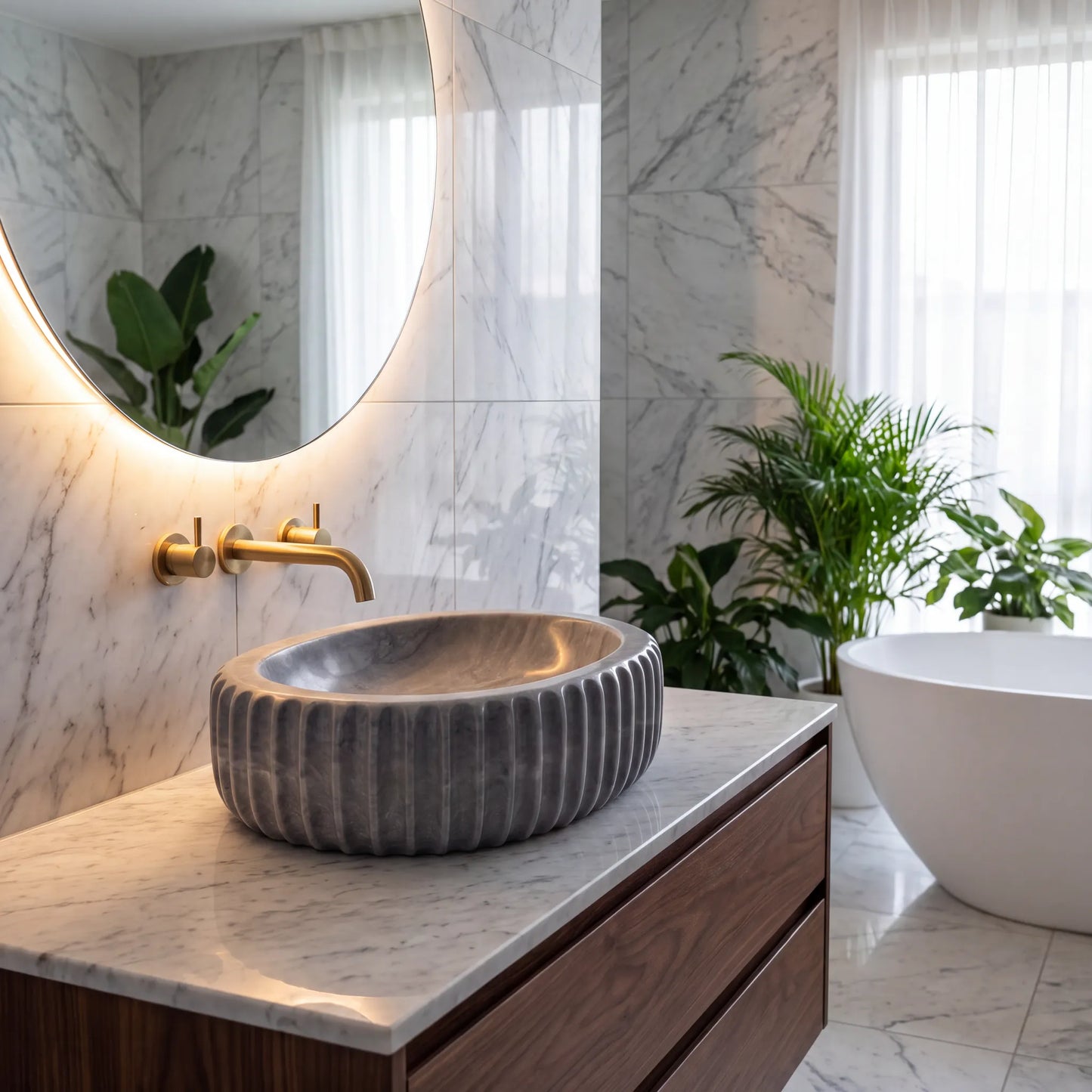 RMD-072 Round Grey Marble Vessel Sink Basin