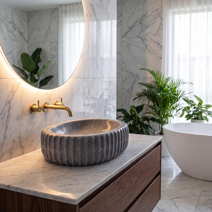 RMD-072 Round Grey Marble Vessel Sink Basin