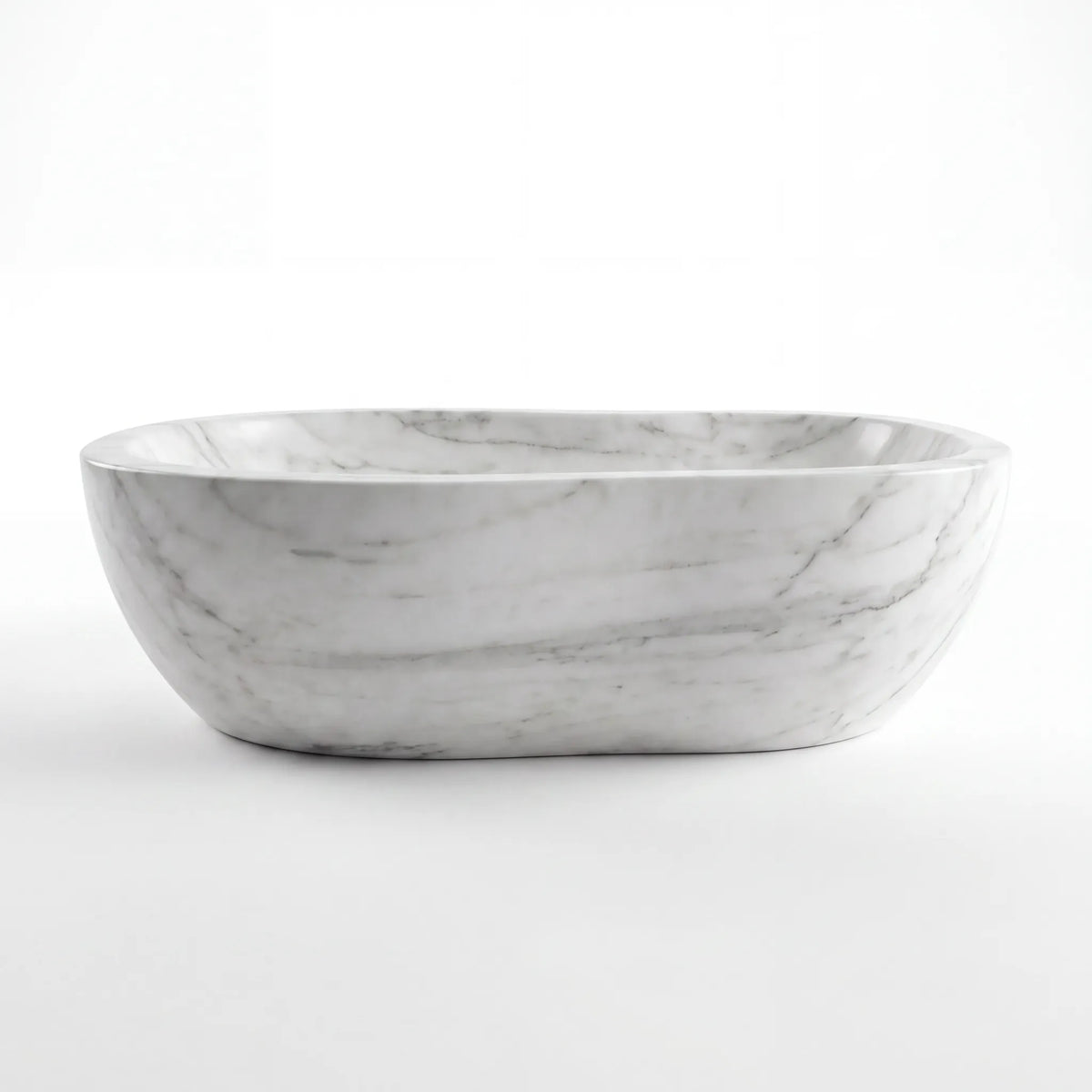 Front view of RMD-073 Carravelle rectangular Carrara white marble vessel sink with polished finish